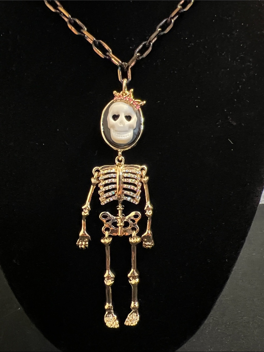 Betsey Johnson Gold-tone Skeleton Pendant Necklace with White Skull
